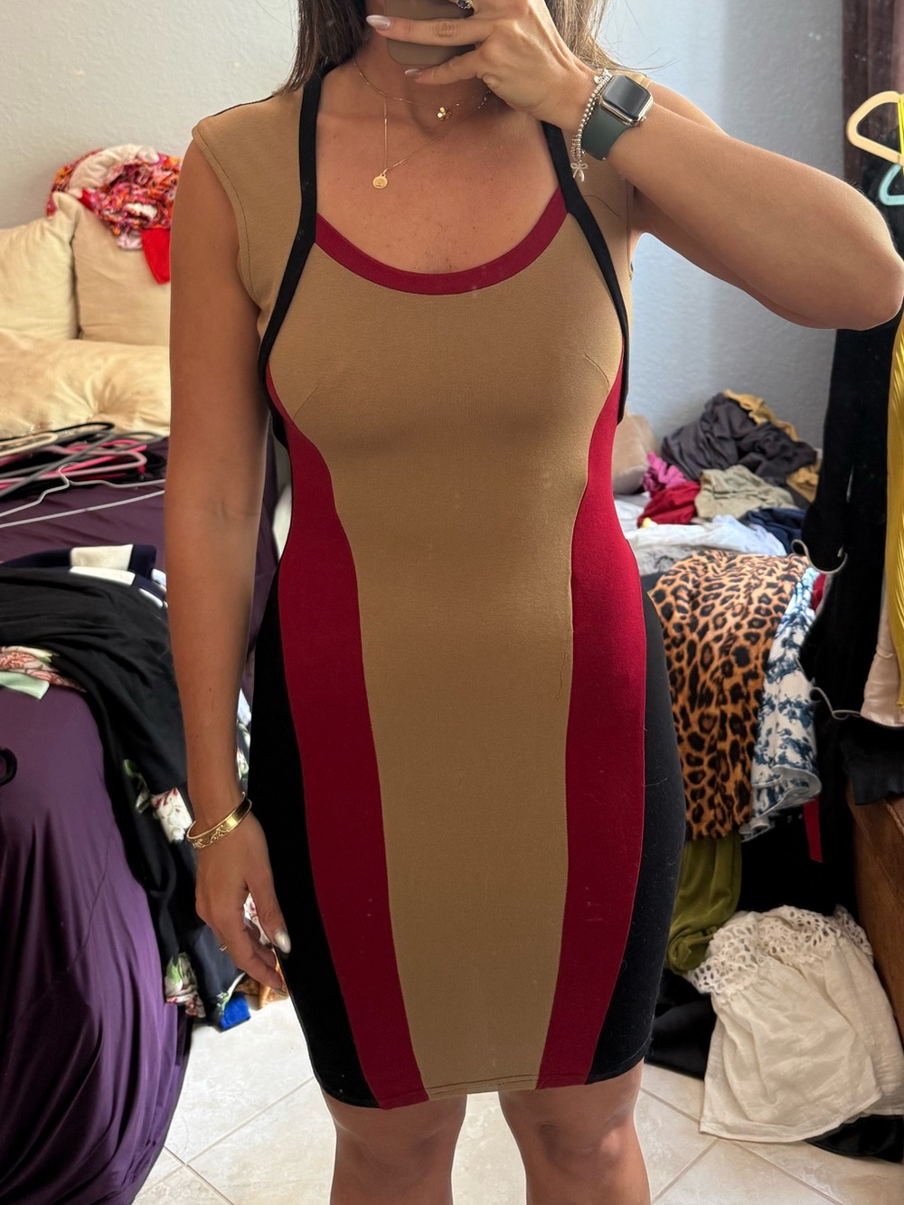 TFNC Tan, Burgundy & Black Sleeveless Bodycon Dress